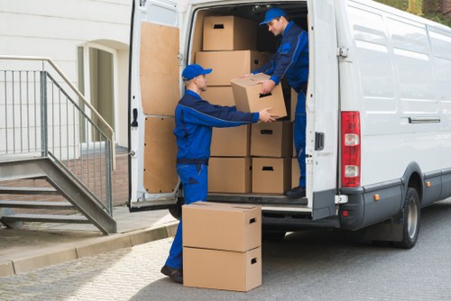 Packed household boxes ready for removals in Sydenham Hill