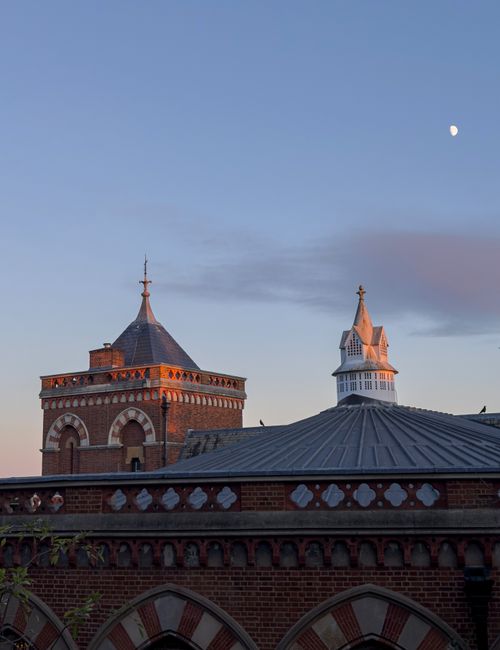 The image shows the rooftops of historic brick buildings with ornate architectural features, including conical and turreted towers, under a clear evening sky with a visible moon. The structures are part of a residential or institutional property in Sydenham Hill, featuring detailed brickwork and decorative elements along the roofline. In the foreground, a section of a modern metal roof with a polygonal shape is visible, possibly covering an extension or annex. The existing scene suggests a peaceful setting typical of London’s Southwark or Lewisham boroughs. At sunset, the warm light highlights the brickwork and architectural details, with a slight gradient in the sky from blue to soft pink near the horizon. This setting reflects the type of houses and historical buildings often associated with house removals and property moves in the Sydenham Hill area, where furniture transport and packing are part of the relocation process enabled by companies like Man with Van Sydenham Hill.