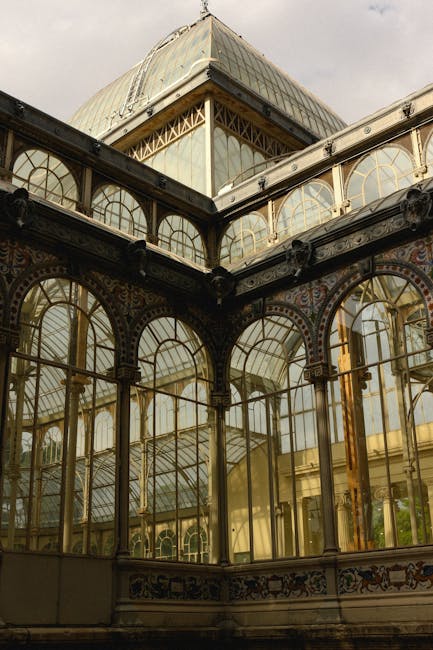A large glass greenhouse with multiple arched and rectangular windows, situated behind several tall, leafless trees with thin branches and light-colored bark. The greenhouse structure features a metal framework painted in a dark color, supporting extensive glass panels that reflect the sky and surrounding environment. The building is set on a grassy area with small patches of greenery visible at the base of the trees. The scene is lit by natural daylight, with a partly cloudy sky overhead, creating a balanced illumination that highlights the transparency of the glass and the details of the metal framework. This setting exemplifies a typical location where house removals or furniture transport might involve capturing the property’s exterior before or after moving operations, consistent with the services provided by Man with Van Sydenham Hill during home relocations near outdoor garden structures or conservatories.