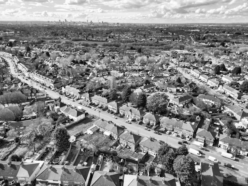 Black and white aerial photograph of a suburban residential area showing a wide street lined with parked cars on both sides. Rows of detached and semi-detached houses with pitched roofs and small front gardens extend along the street, interspersed with trees. Behind the residential street, a larger expanse of the neighbourhood continues with more houses, green spaces, and scattered trees, leading towards the horizon where a distant city skyline is visible under partly cloudy skies. The image captures the dense layout typical of a home relocation environment, with potential furniture and packing materials in view, indicative of the ongoing process of packing and moving homes. The scene reflects the logistical complexity involved in house removals, emphasizing the transport of household items and the coordination required for a smooth transition, as managed by firms such as Man with Van Sydenham Hill.