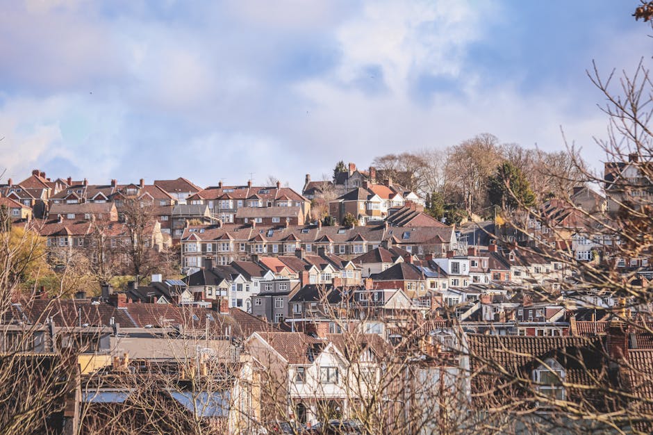 A residential area with multiple rows of closely packed houses on a hillside, featuring a mix of brick, weatherboard, and tiled roofs in various shades of brown, black, and grey. The houses have small frontyards and some are partially obscured by leafless branches in the foreground. The sky above is partly cloudy with patches of blue, and sunlight illuminates the buildings and landscape. This image exemplifies a typical suburban neighbourhood scene where house removals and furniture transport may occur, with some houses appearing ready for relocation or moving services. The setting is outdoors in daylight, capturing the spatial arrangement of the homes, their materials, and the surrounding environment, which aligns with the context of home relocation and packing and moving processes supported by [COMPANY_NAME].